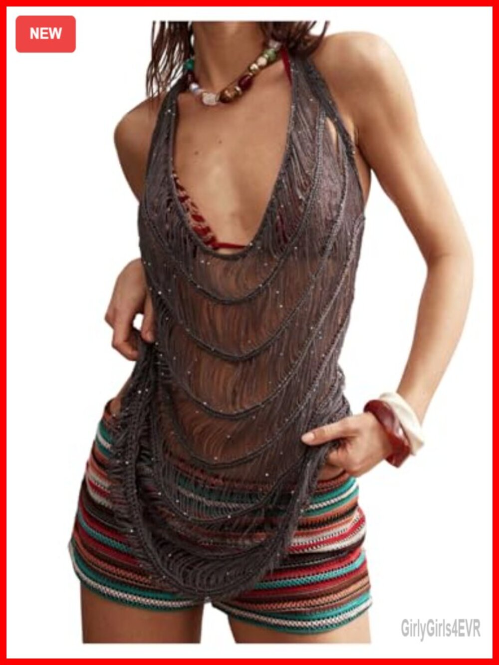 Crochet Halter Sequin Top Sheer Fringe Open Back Ripped Tee